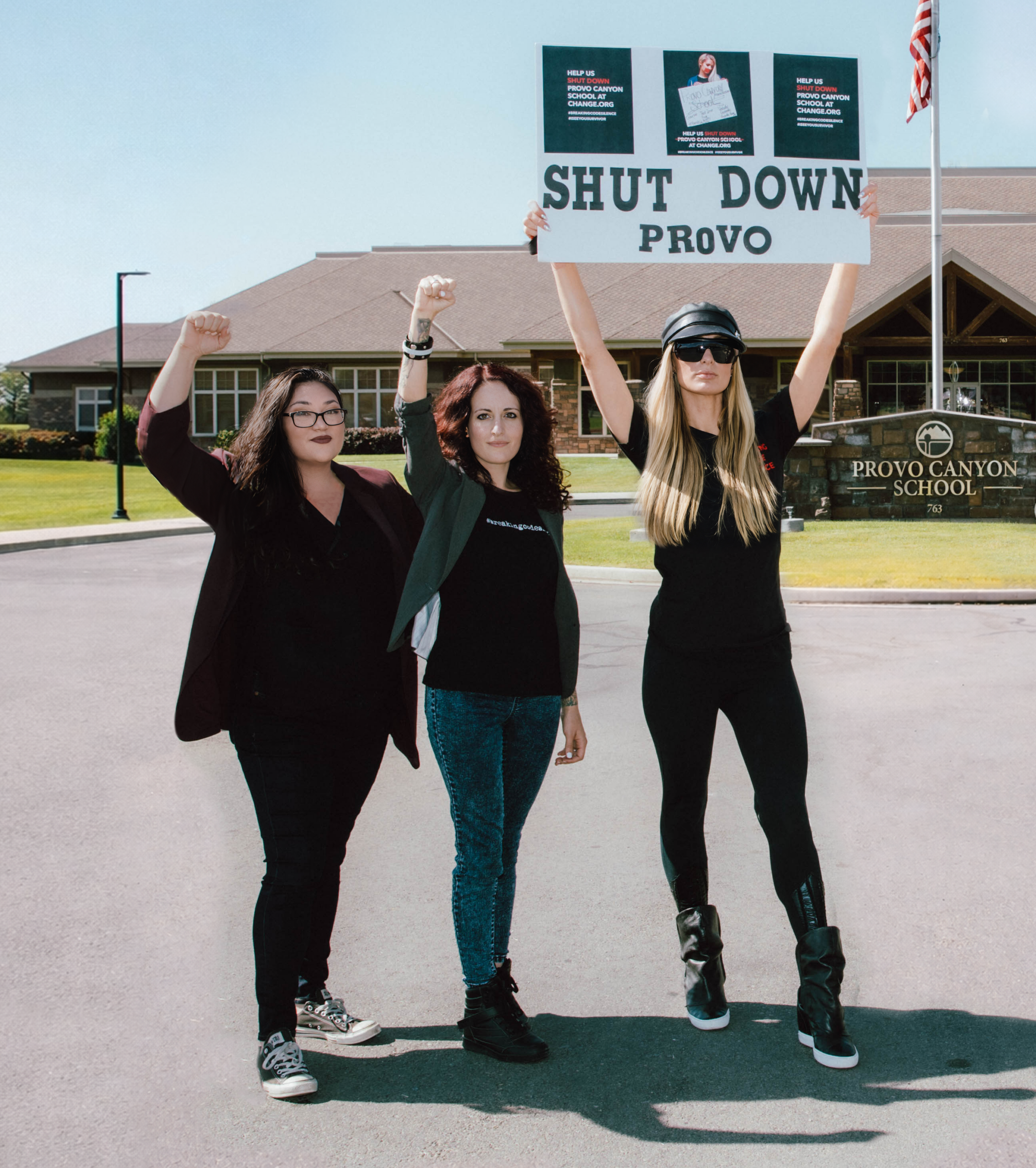 Chelsea Filer, Jen Robison, and Paris Hilton standing in front of Provo Canyon School, October 9, 2020